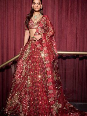 Mahima Mahajan - Sindoori Dark Red Organza Hand Embroidered Lehenga Set